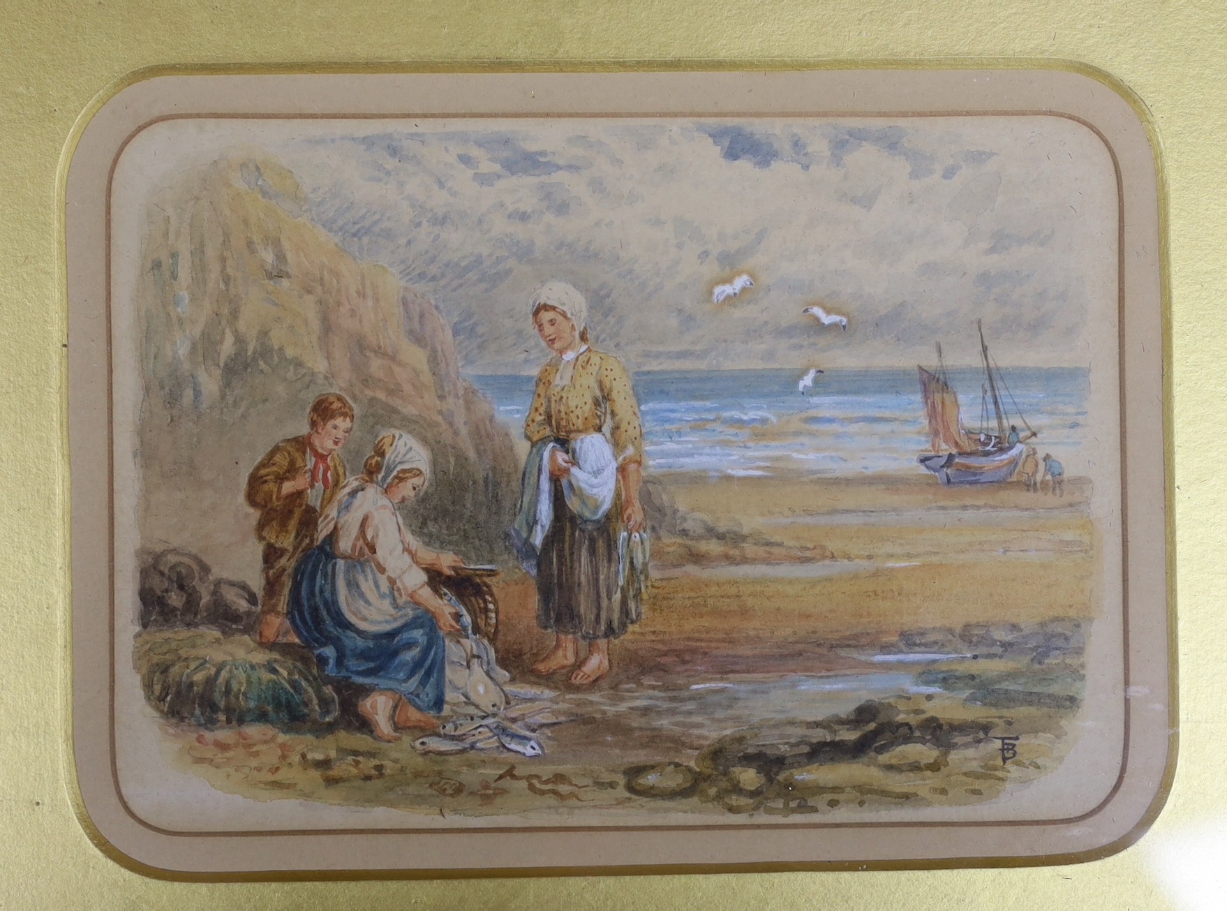 Three assorted 19th century pictures: a watercolour of fisherfolk after Birket Foster, a watercolour by Norman Macdougall and an unsigned oil, view of Windsor Castle, largest 18 x 23cm